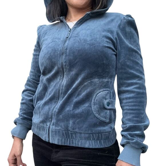 Vintage Juicy Couture Hoodie Velour Jacket Size M Blue Made in USA Y2K Size M - Picture 1 of 13